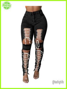 Women's Lace Up Ripped Cutout Skinny Jeans High Waisted Denim Pants